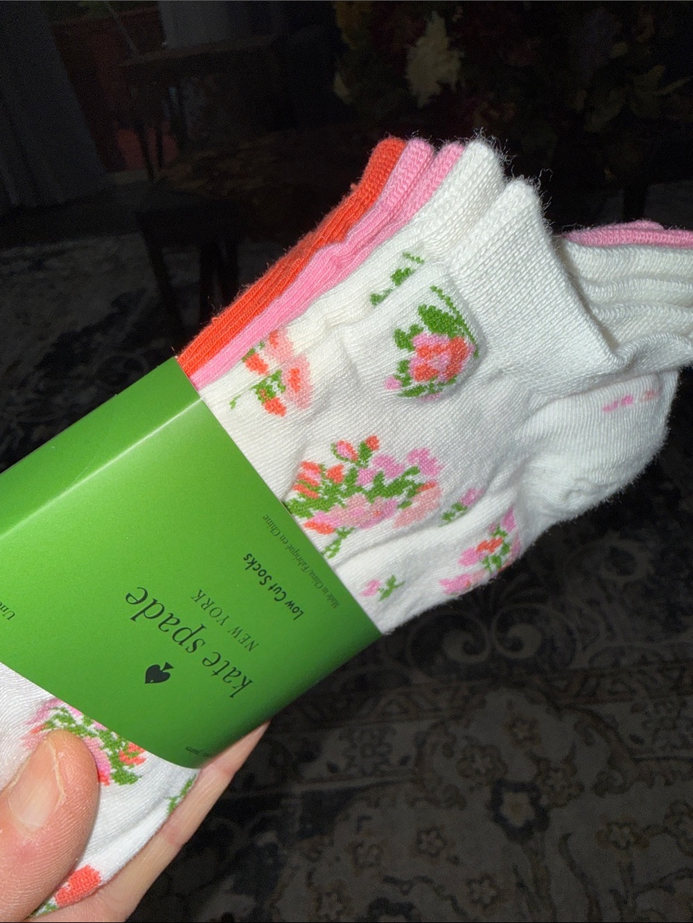 kate spade  3 white floral low-cut socks with pink & green accents